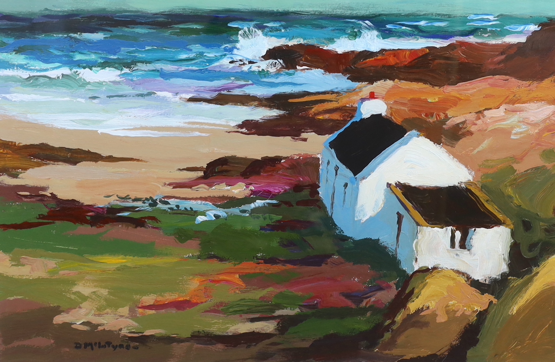 Donald McIntyre R.I. R.Cam.A. S.M.A. (Scottish 1923-2009), 'Cottages by the sea', acrylic on board, 50 x 75cm